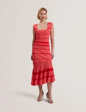 TILLEEA Striped Square Neck Flippy Midi Dress
