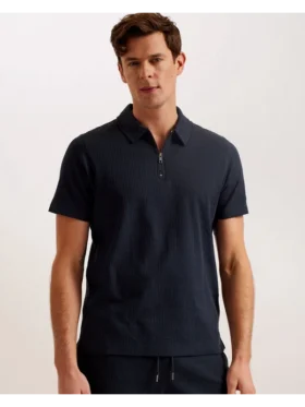 ZARKES Ribbed Texture Zip Neck Cotton Polo Shirt
